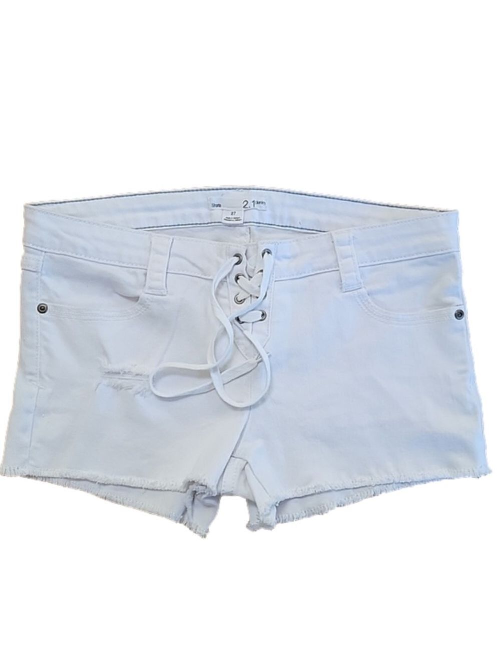 2.1 Denim White Distressed Grommet Lace-Up Shorts Size 27 EUC